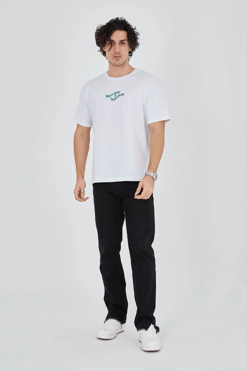 Erkek Baskılı T-Shirt Kısa Kol Bisiklet Yaka Regular Fit Rahat Kalıp Günlük Tişört - Beyaz