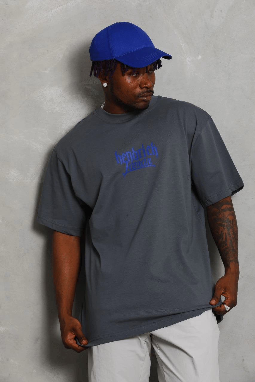 Erkek Baskılı Tişört Kısa Kol Bisiklet Yaka Oversize T-Shirt - Füme