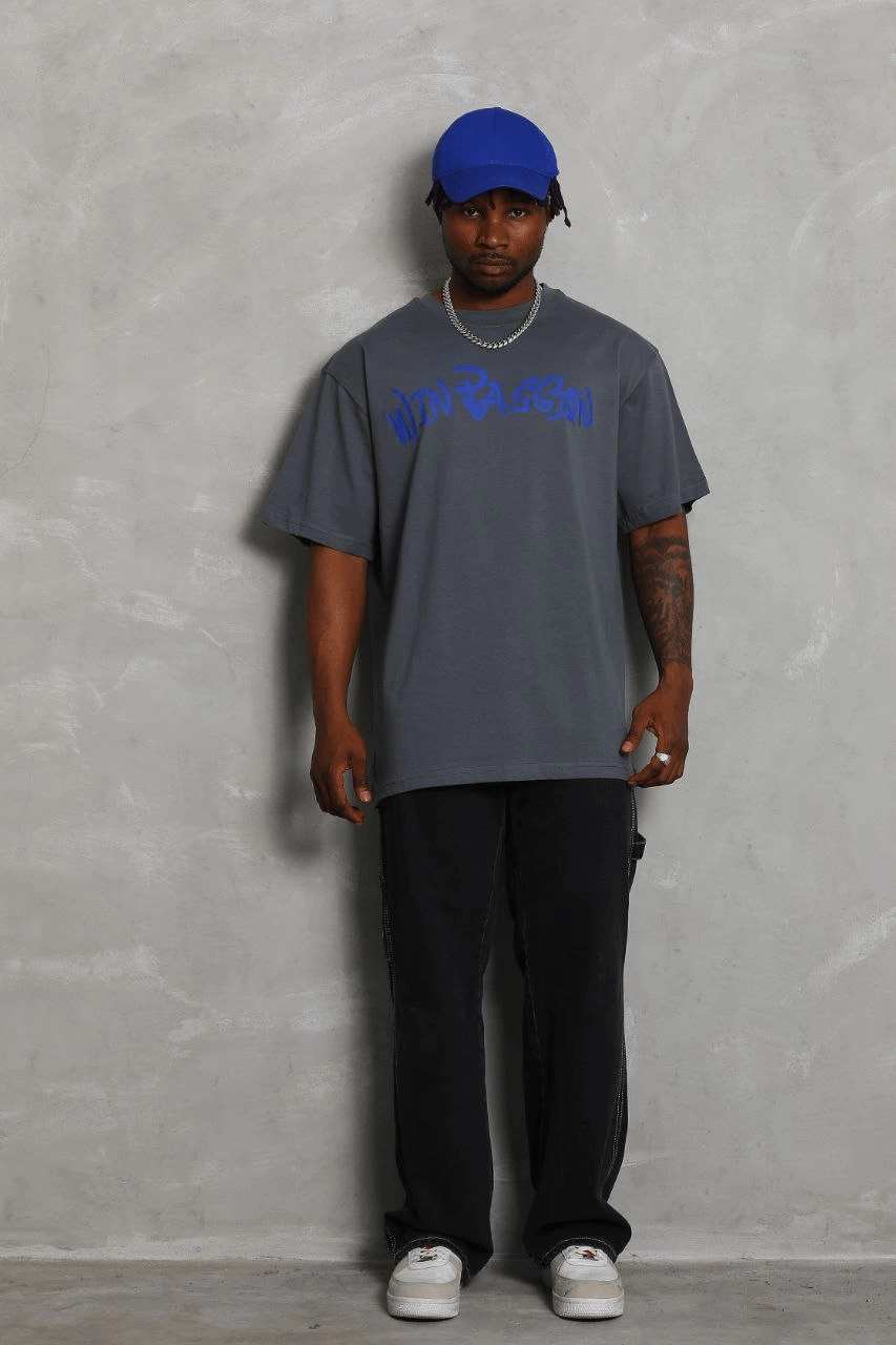 Erkek Baskılı Tişort Kısa Kol Bisiklet Yaka Oversize T-Shirt - Füme
