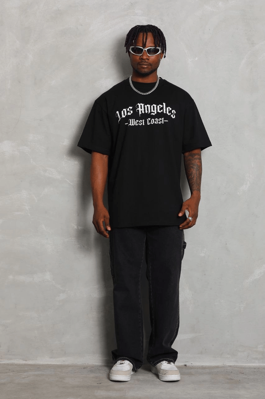Erkek Baskılı Tişört Kısa Kol Bisiklet Yaka Oversize T-Shirt - Siyah