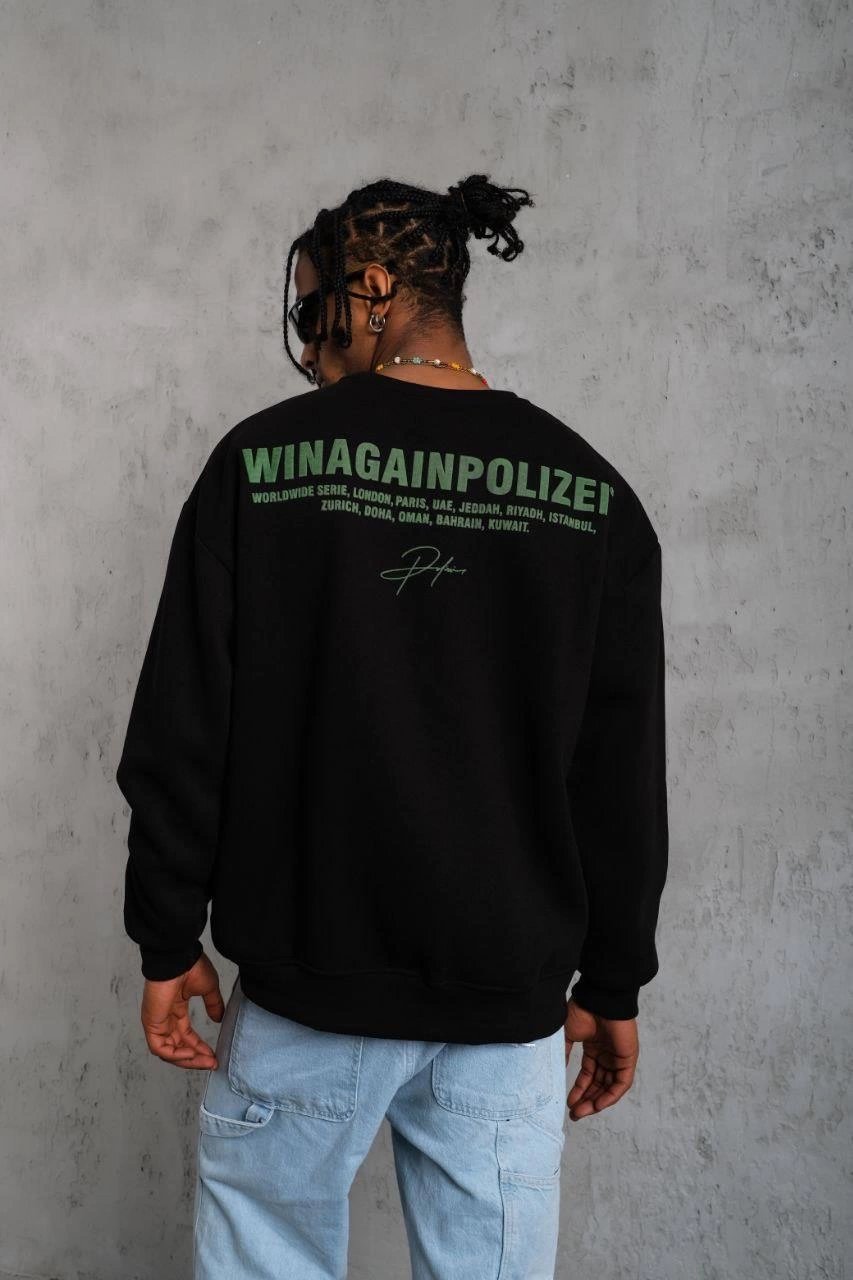 Erkek Bisiklet Yaka Baskılı 3 iplik pamuklu Sweatshirt - Siyah