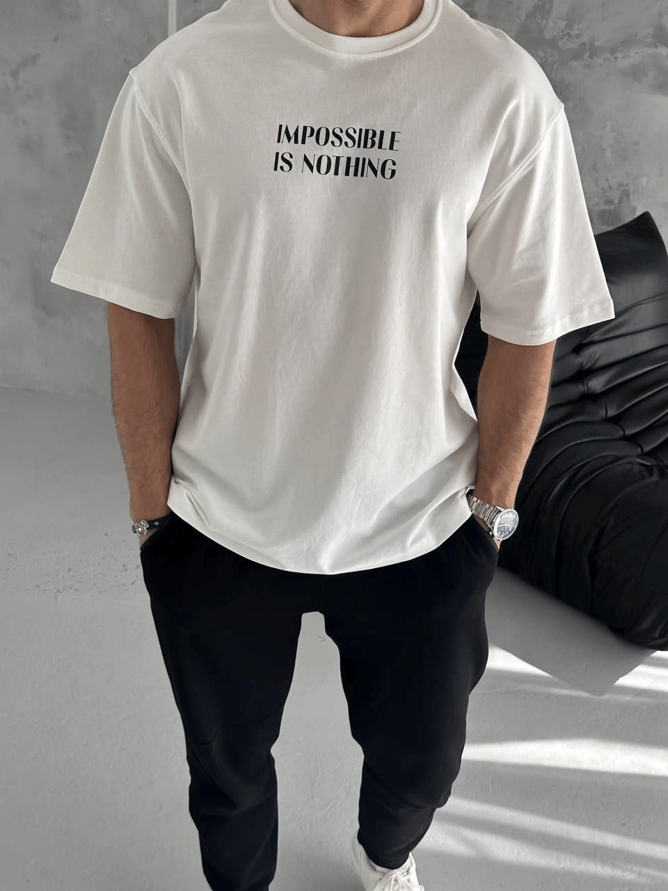 Erkek Bisiklet Yaka Baskılı Oversize  Kısa kol T-Shirt - Beyaz
