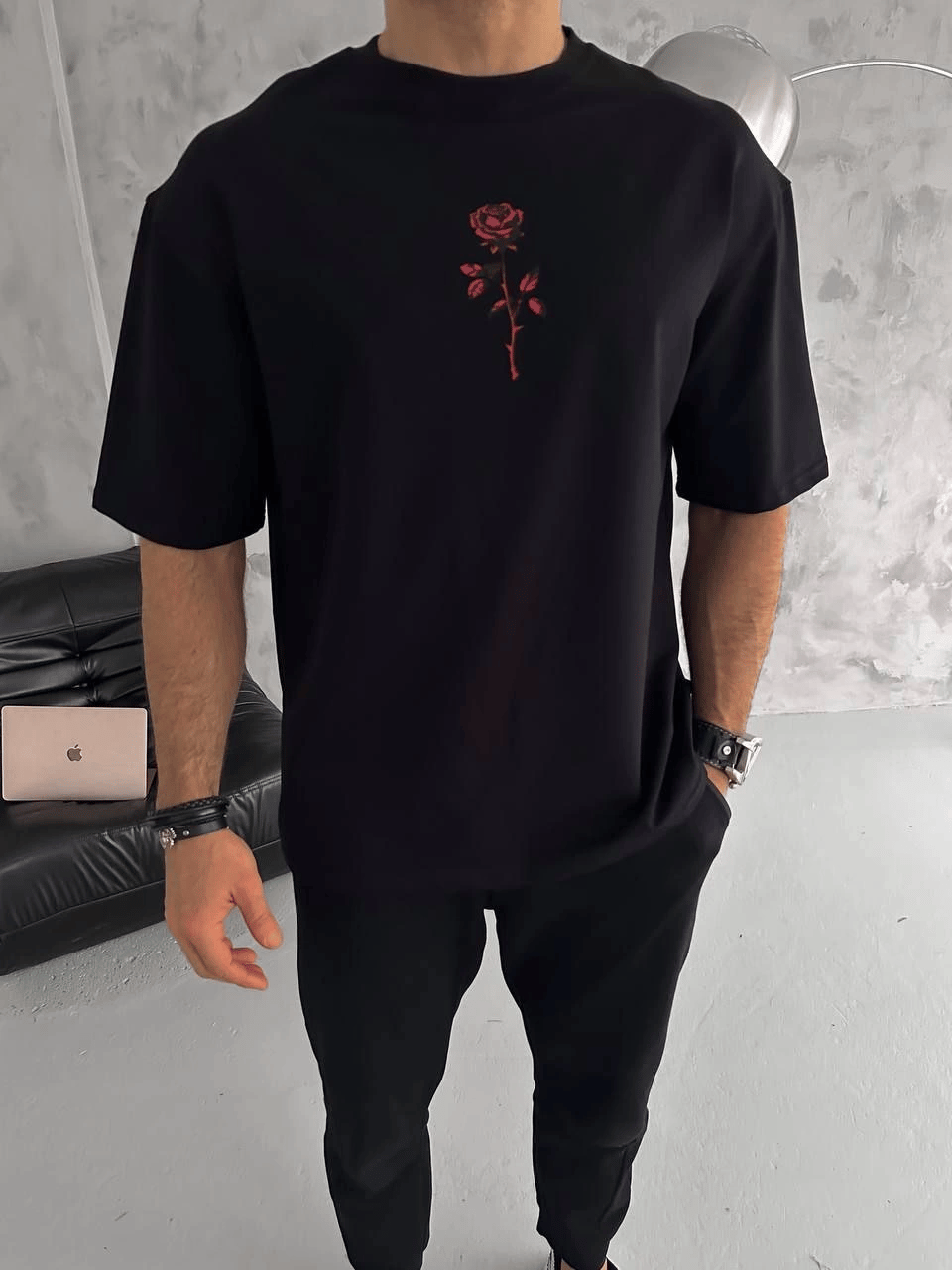 Erkek Bisiklet Yaka Baskılı Oversize  Kısa kol T-Shirt - Siyah