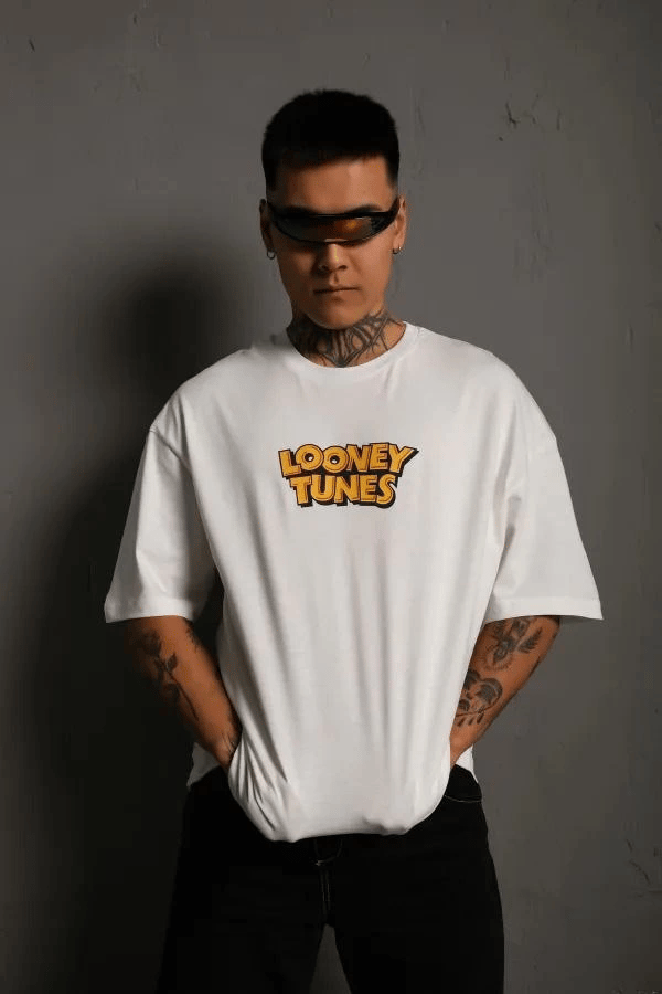 Erkek Bisiklet Yaka Baskılı Oversize Kısa kol T-Shirt - Beyaz
