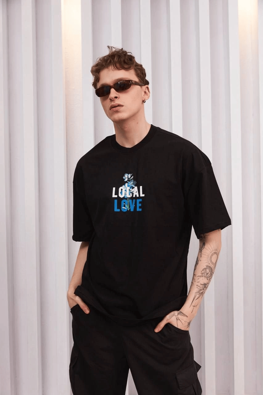 ERKEK Bisiklet Yaka Baskılı Oversize Kısa kol T-Shirt - Siyah