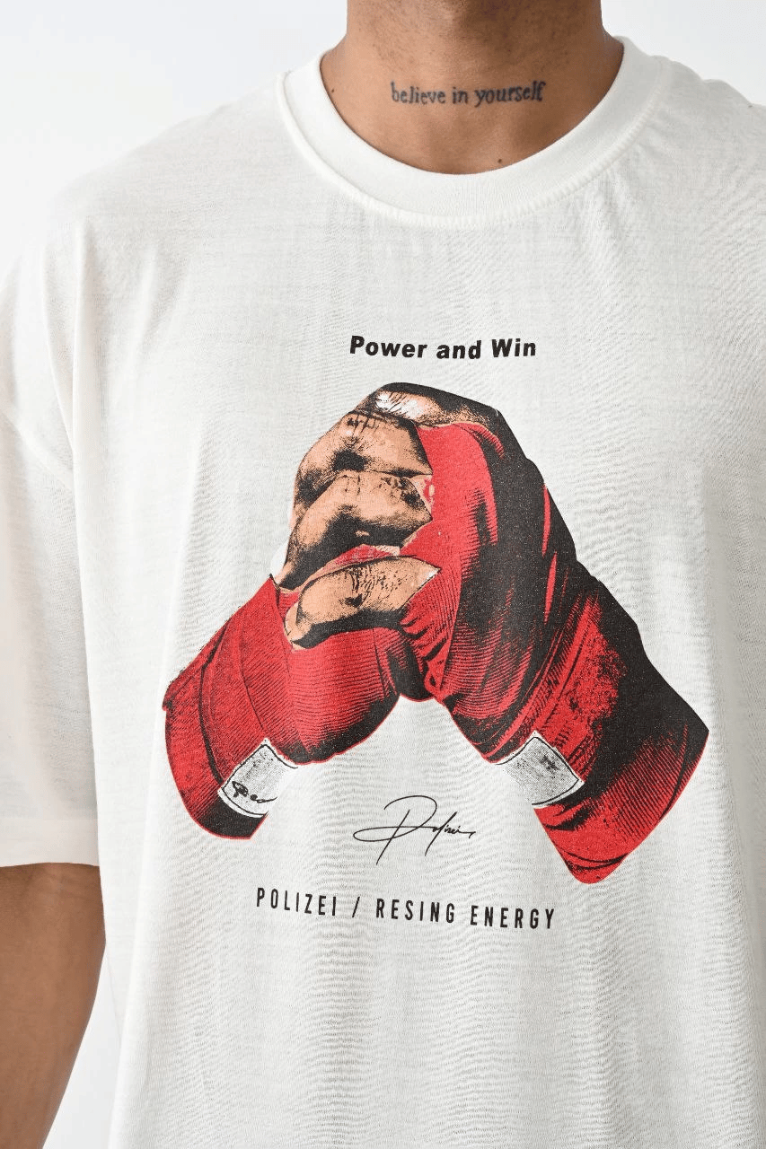 Erkek Box Eldiven Baskılı T-Shirt Kısa Kol Bisiklet Yaka Tişört - Beyaz