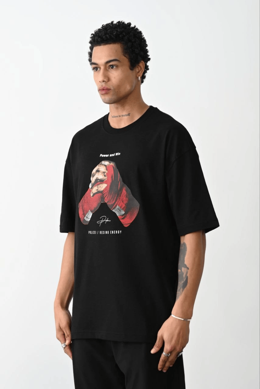 Erkek Boxy Eldiven Baskılı T-Shirt Kısa Kol Bisiklet Yaka Tişört - Siyah