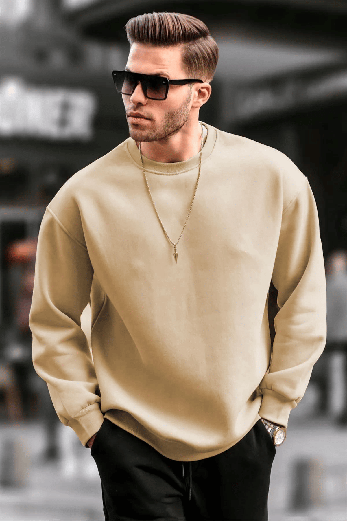 Erkek Düz Bisiklet Yaka 3 iplik pamuklu Sweatshirt - Bej