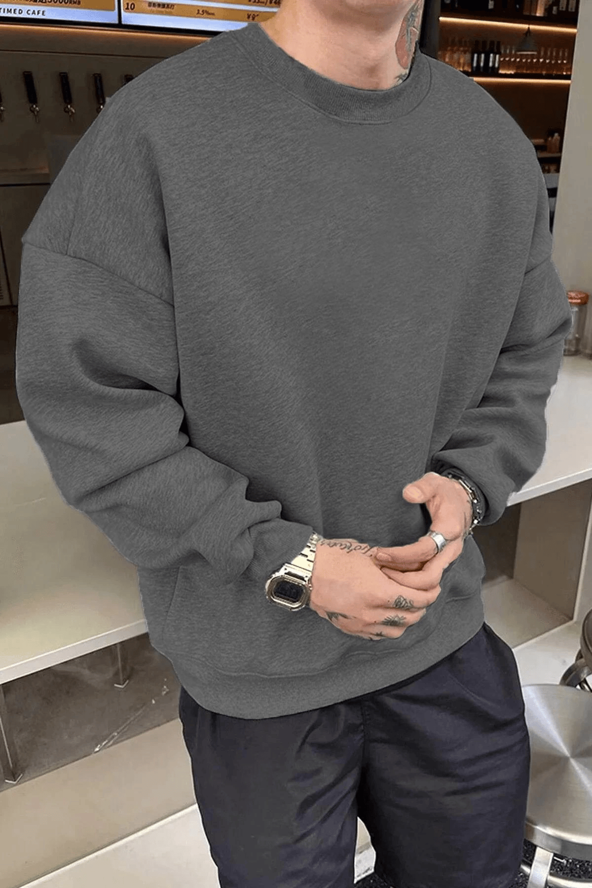 Erkek Düz Bisiklet Yaka 3 iplik pamuklu sweatshirt - Füme