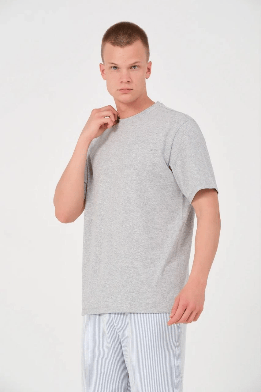 Erkek Düz Penye Tişört Bisiklet Yaka Kısa Kol Regular Fit T-Shirt - Gri