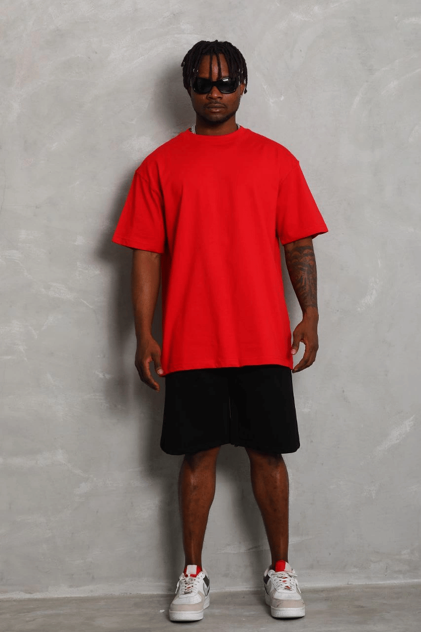 Erkek Düz Yazlık Kısa Kol Tişört Bisiklet Yaka Oversize T-Shirt - Kırmızı