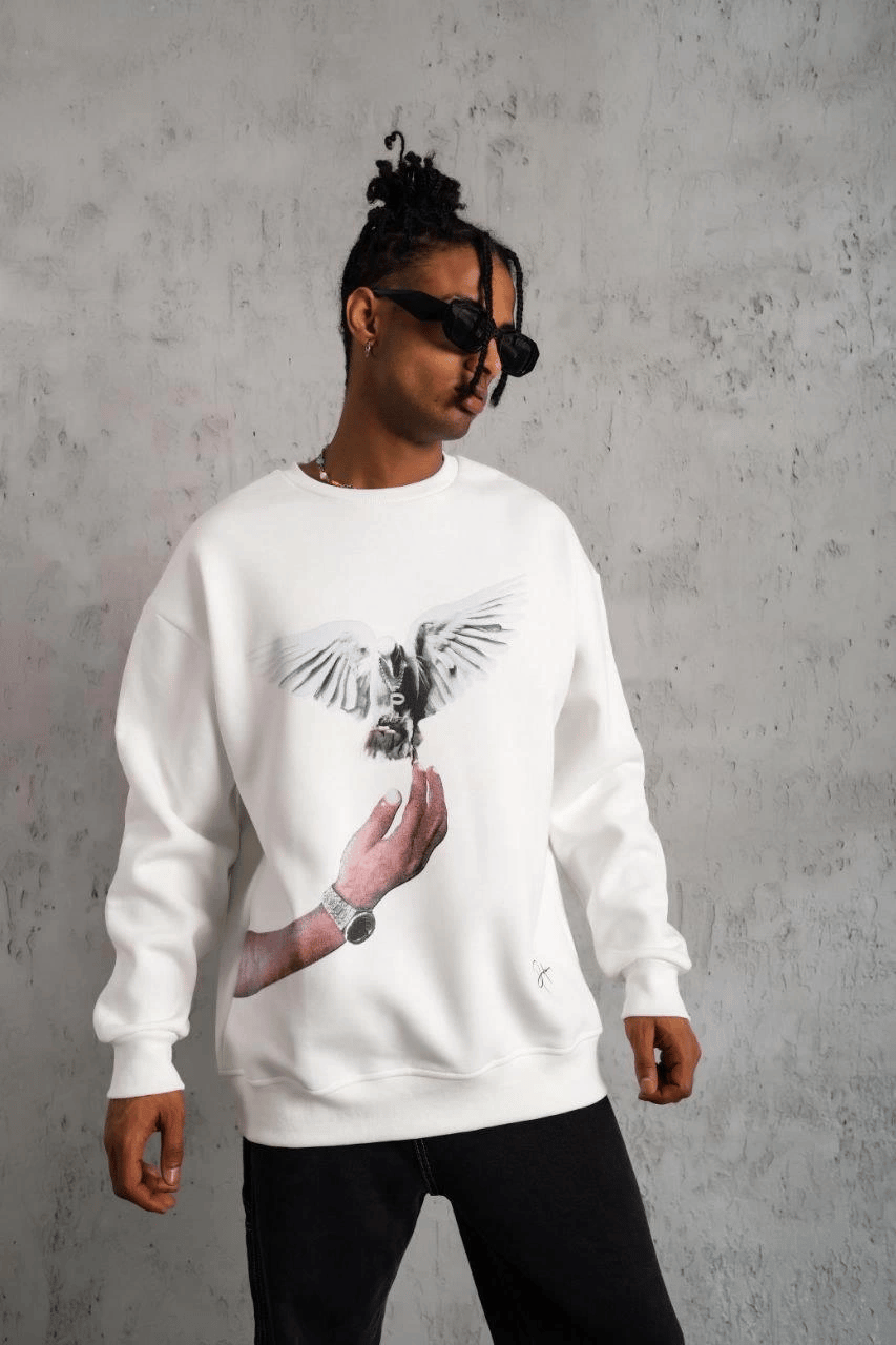 Erkek Güvercin Baskılı 3 iplik pamuklu Bisiklet Yaka Sweatshirt - Beyaz