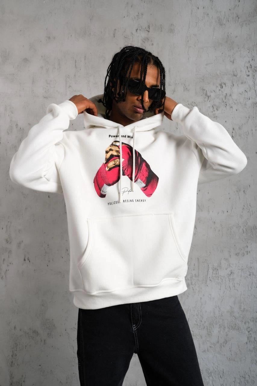 Erkek Kapüşonlu Cepli Boks Eldiven Baskılı 3 İplik Sweatshirt Hoodie - Beyaz