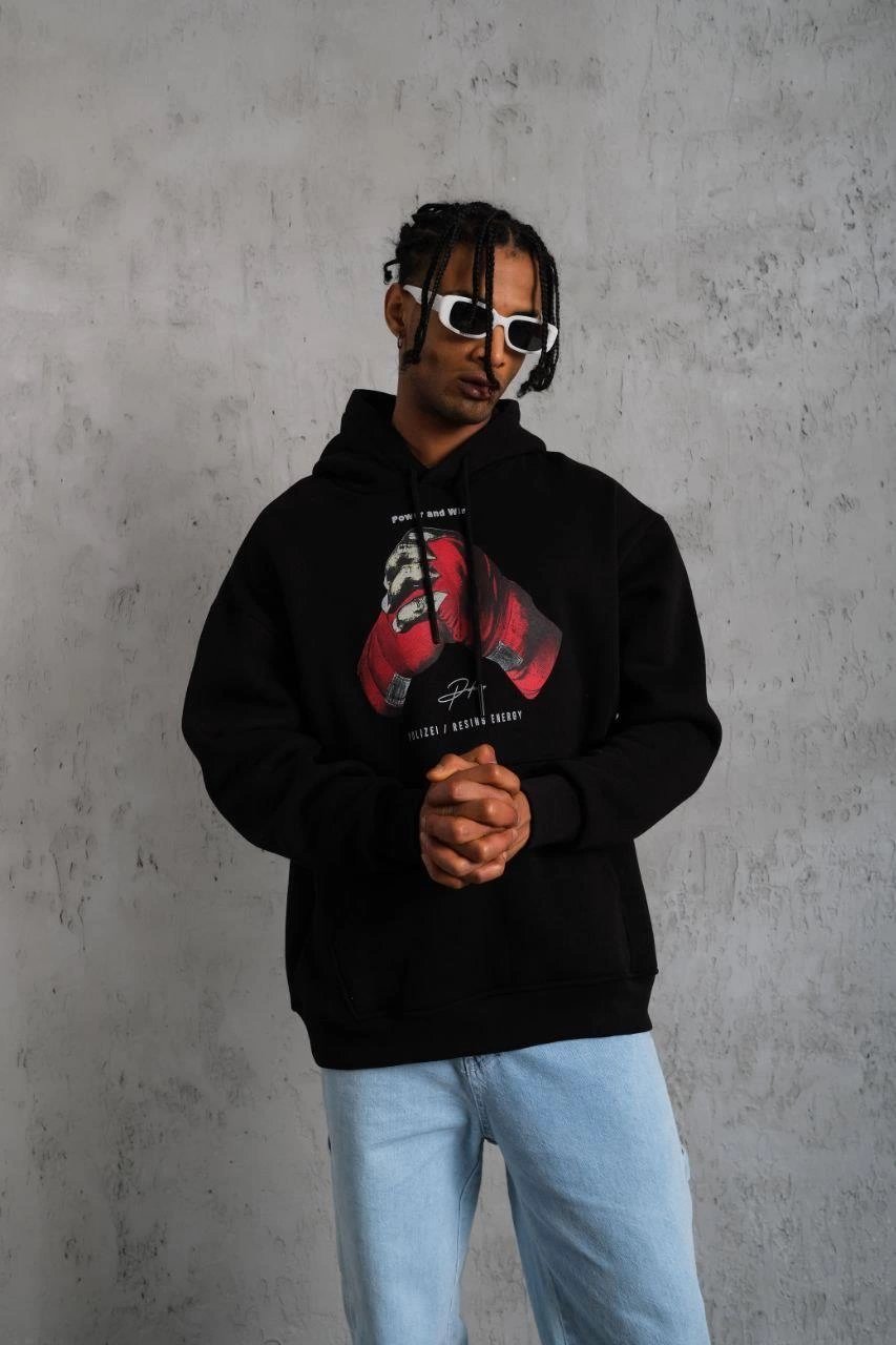 Erkek Kapüşonlu Cepli Box Eldiven Baskılı 3 İplik Sweatshirt Hoodie - Siyah