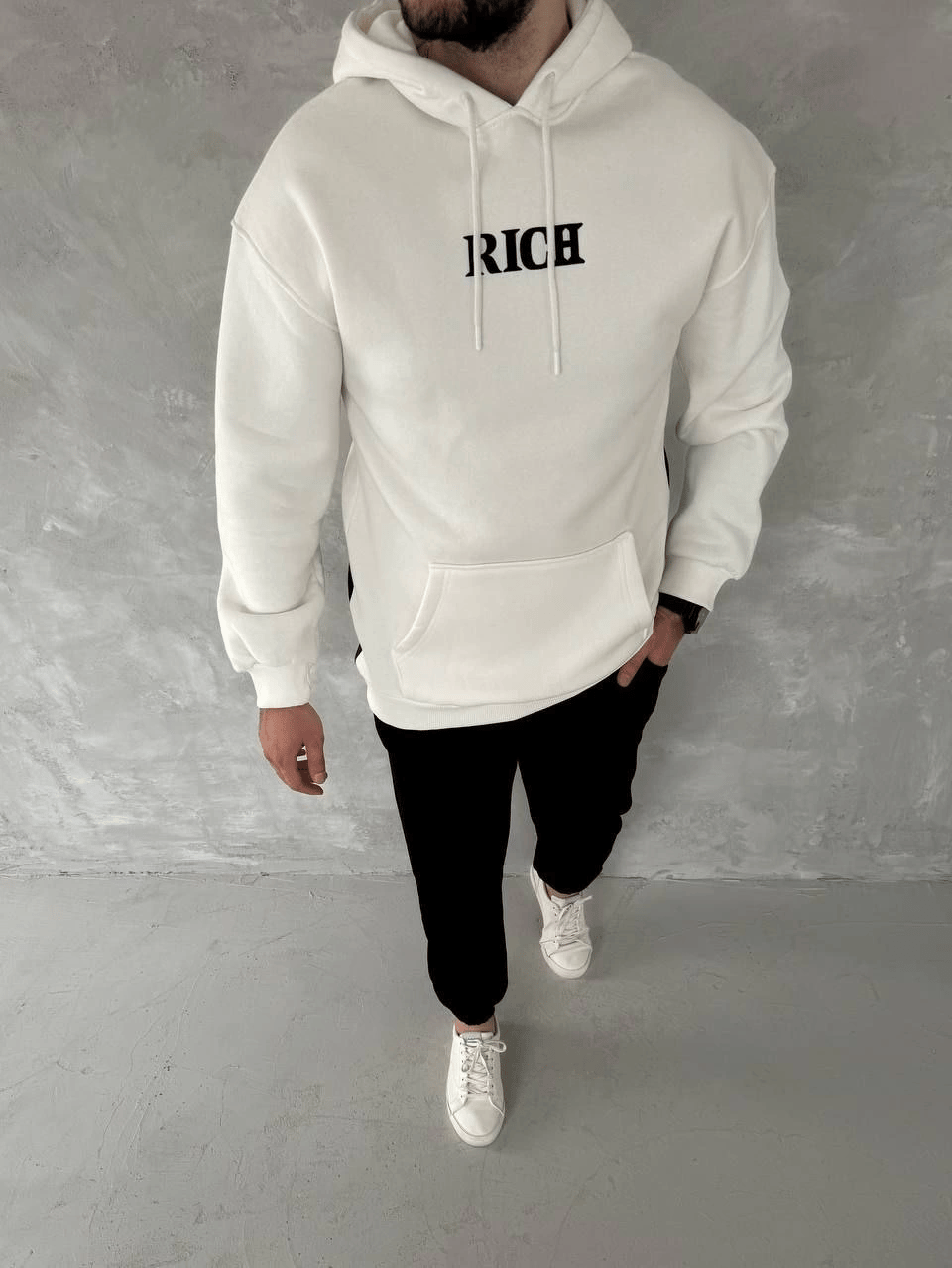 Erkek Kapüşonlu Kanguru Cepli Sweatshirt 3 İplik Pamuklu Baskılı Hoodie -  Beyaz