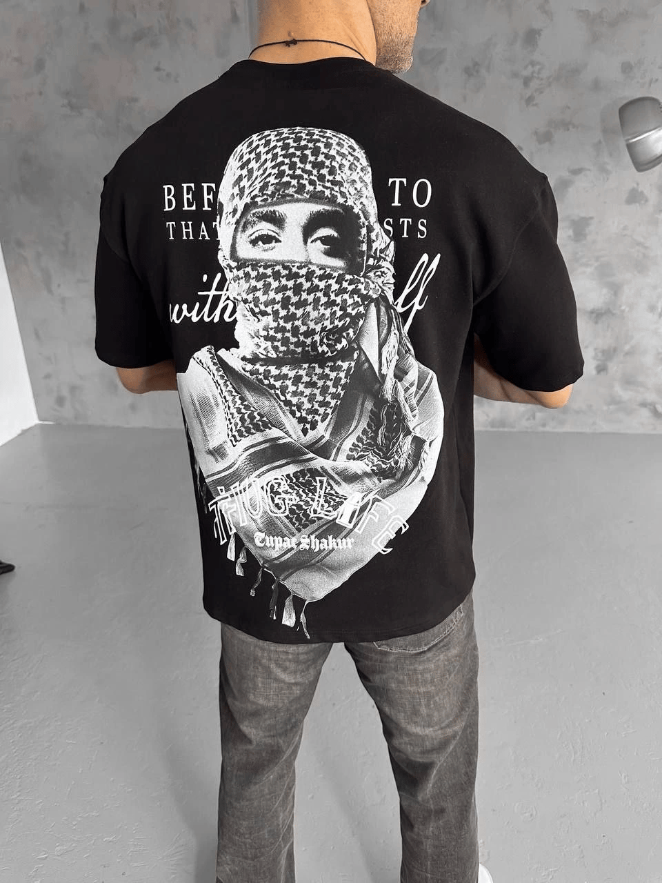 Erkek Kısa Kol Tişört Bisiklet Yaka Filistin Poşulu Baskılı T-Shirt - Siyah
