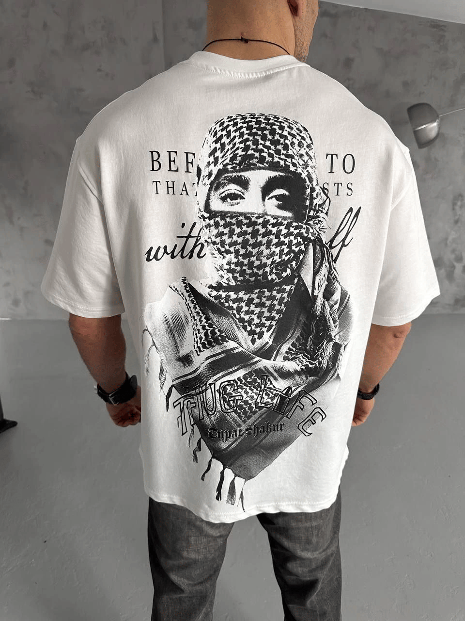 Erkek Kısa Kol Tişört Bisiklet Yaka Filistin Poşulu Baskılı T-Shirt - Beyaz