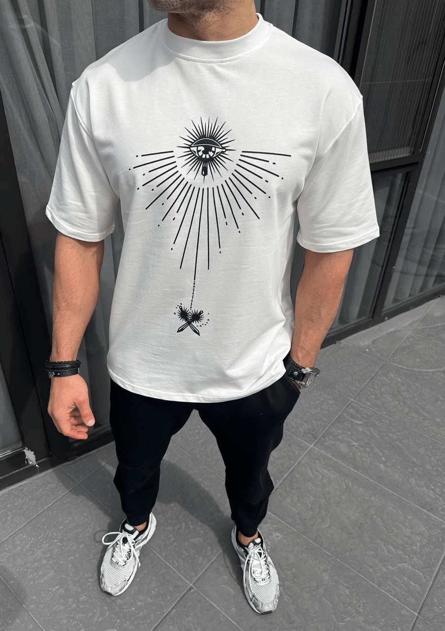 Erkek Kısa Kol Tişört Bisiklet Yaka GÜL Baskılı Oversize T-Shirt - Beyaz
