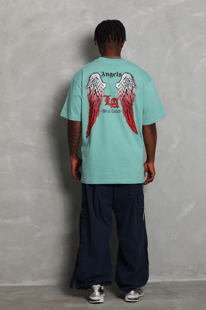 Erkek Kısa Kol Tişört Bisiklet Yaka KANAT Baskılı Oversize T-Shirt - Mint Yeşili