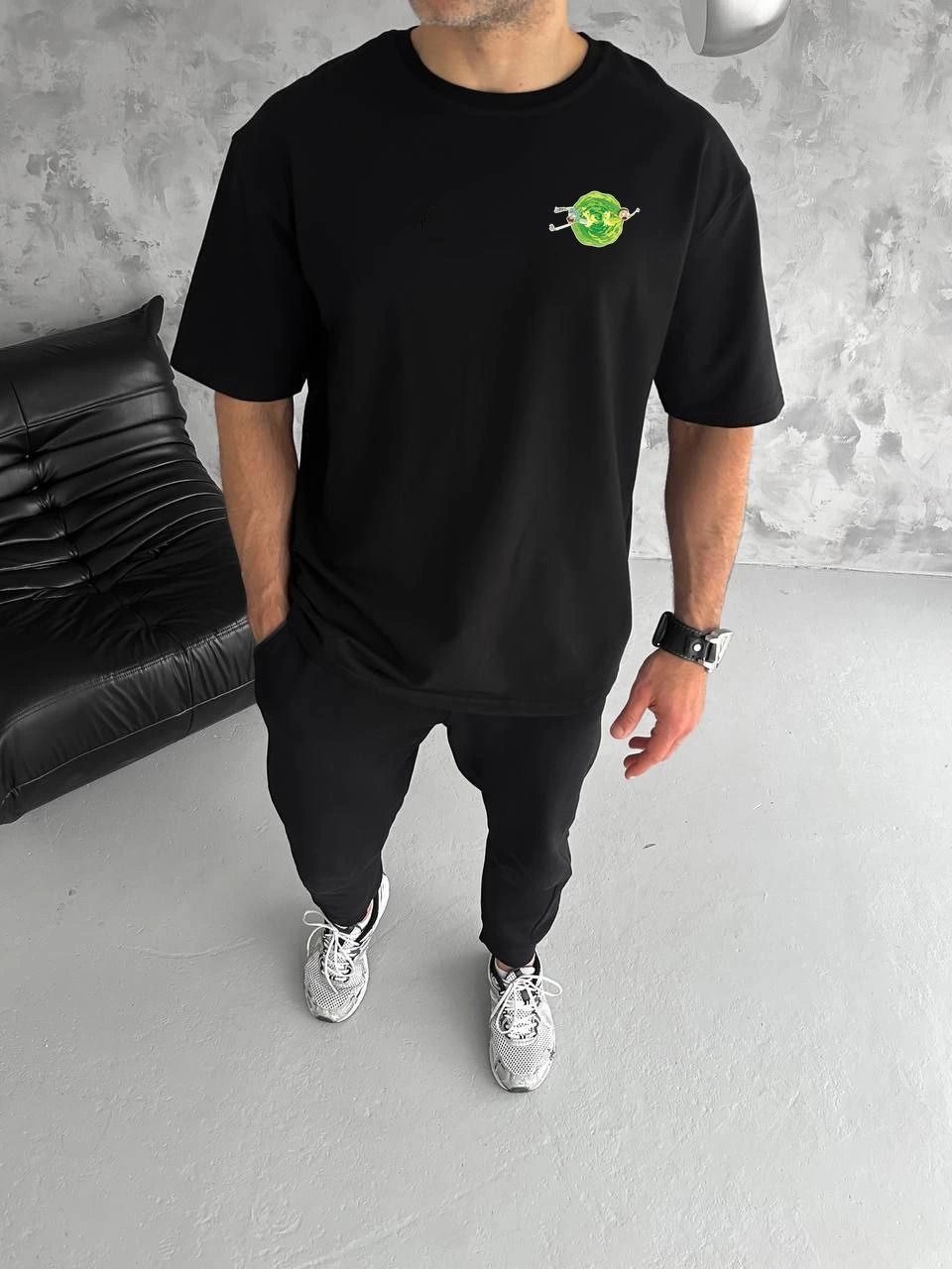 Erkek Kısa Kol Tişört Bisiklet Yaka RİCK AND MORTY Baskılı T-Shirt - Siyah