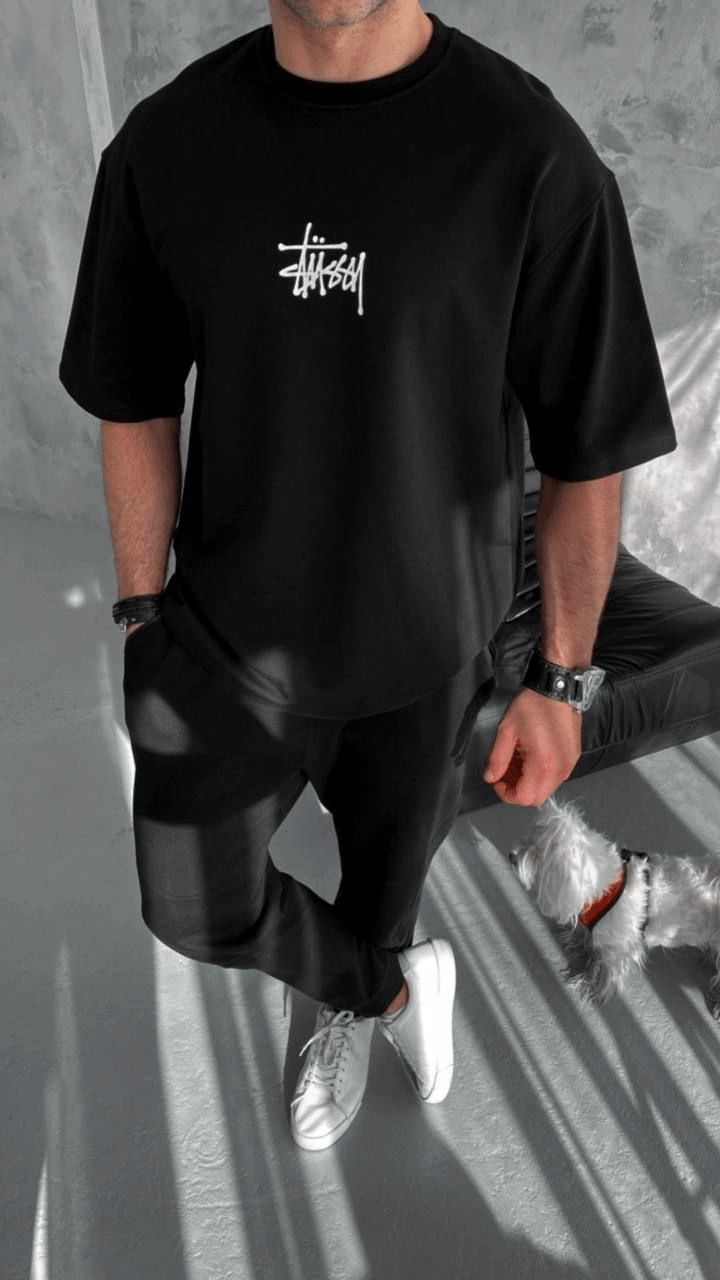 Erkek Kısa Kol Yazlık Tişört Bisiklet Yaka Baskılı Oversize T-Shirt - Siyah