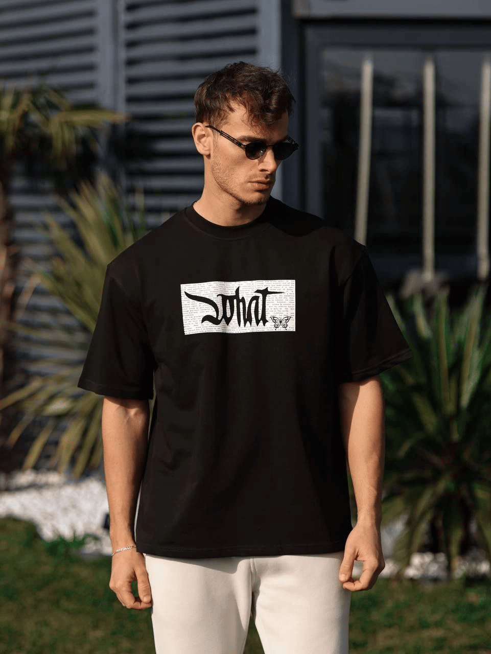 Erkek Kısa Kol Yazlık Tişört Bisiklet Yaka Baskılı Oversize T-Shirt - Siyah