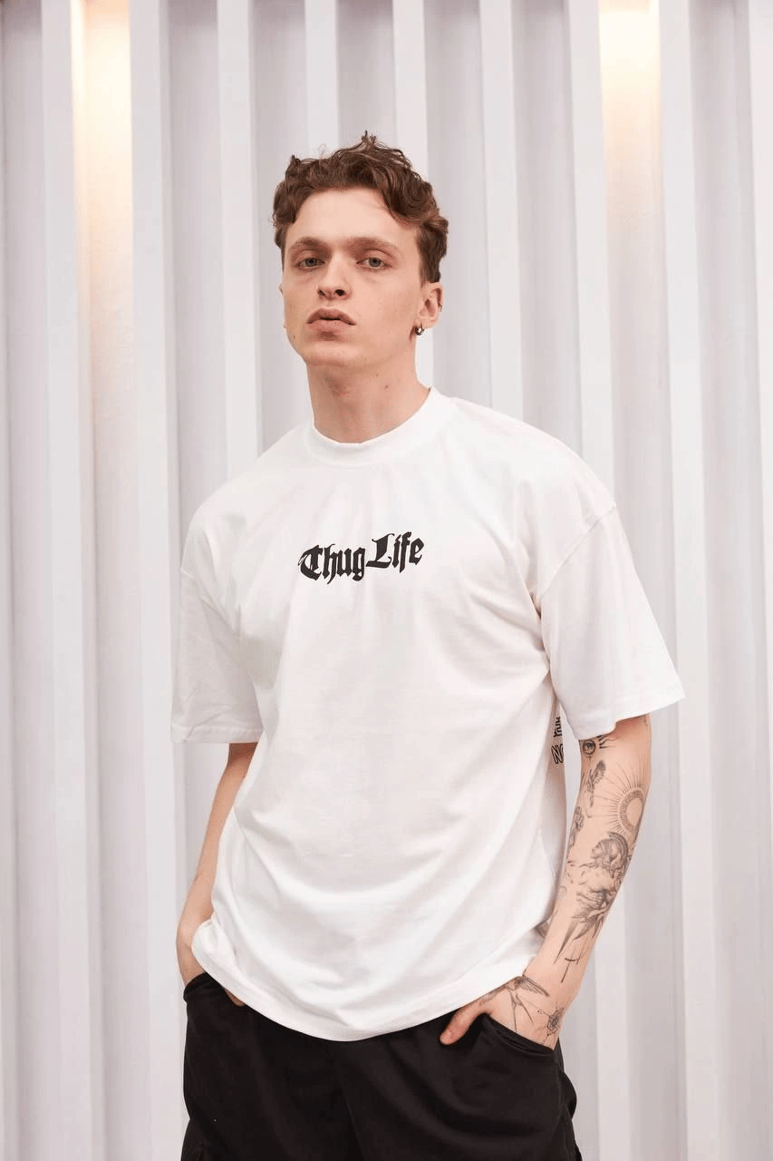 Erkek Kısa Kol Yazlık Tişört Bisiklet Yaka Baskılı Oversize T-Shirt - Beyaz