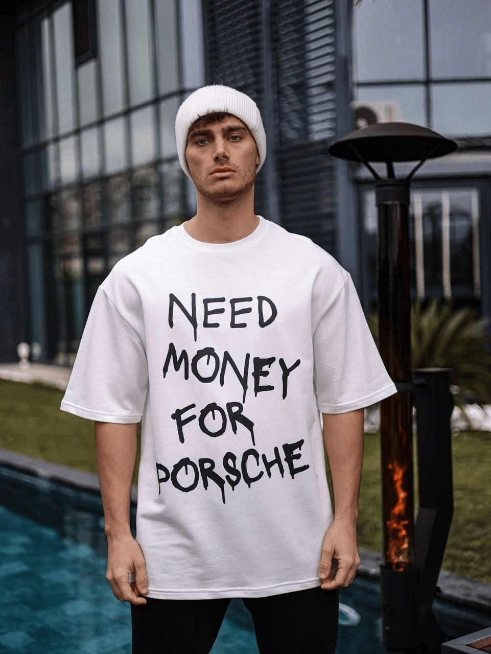 Erkek Kısa Kol Yazlık Tişört Bisiklet Yaka Baskılı Oversize T-Shirt - Beyaz