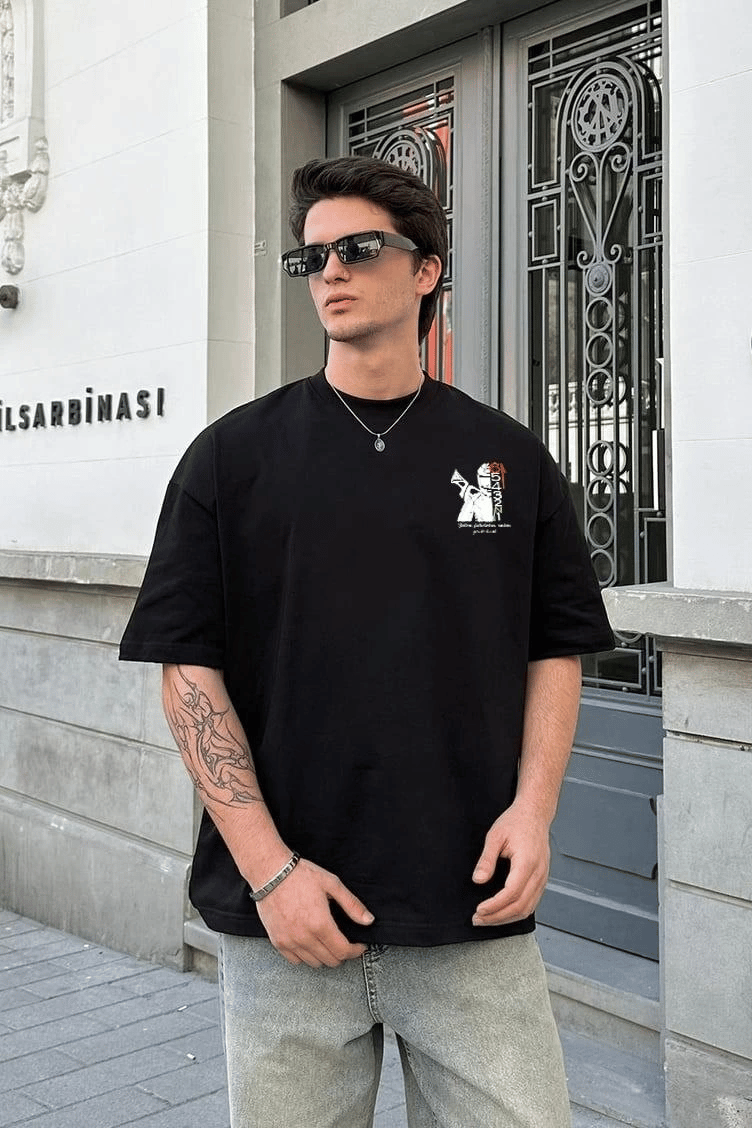 Erkek Kısa Kol Yazlık Tişört Bisiklet Yaka Baskılı Oversize T-Shirt - Beyaz