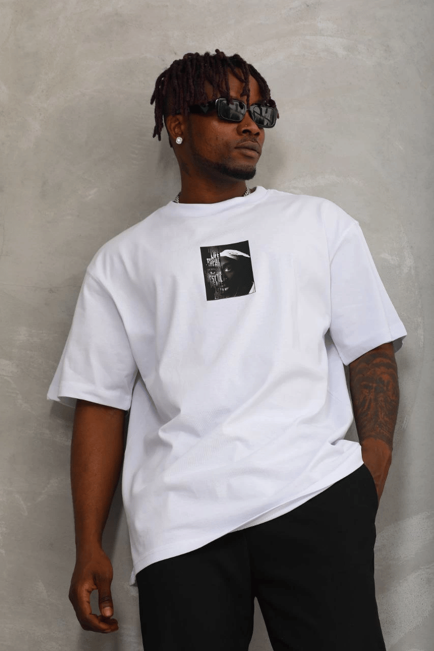 Erkek Kısa Kol Yazlık Tişört Bisiklet Yaka Baskılı Oversize T-Shirt - Beyaz