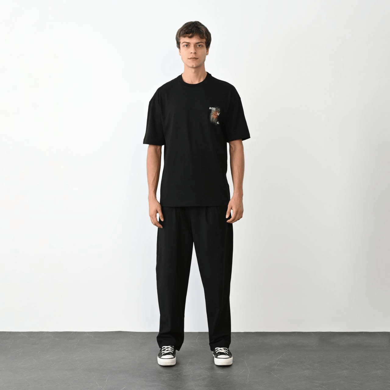Erkek Kısa Kol Yazlık Tişört Bisiklet Yaka Baskılı Oversize T-Shirt - Siyah