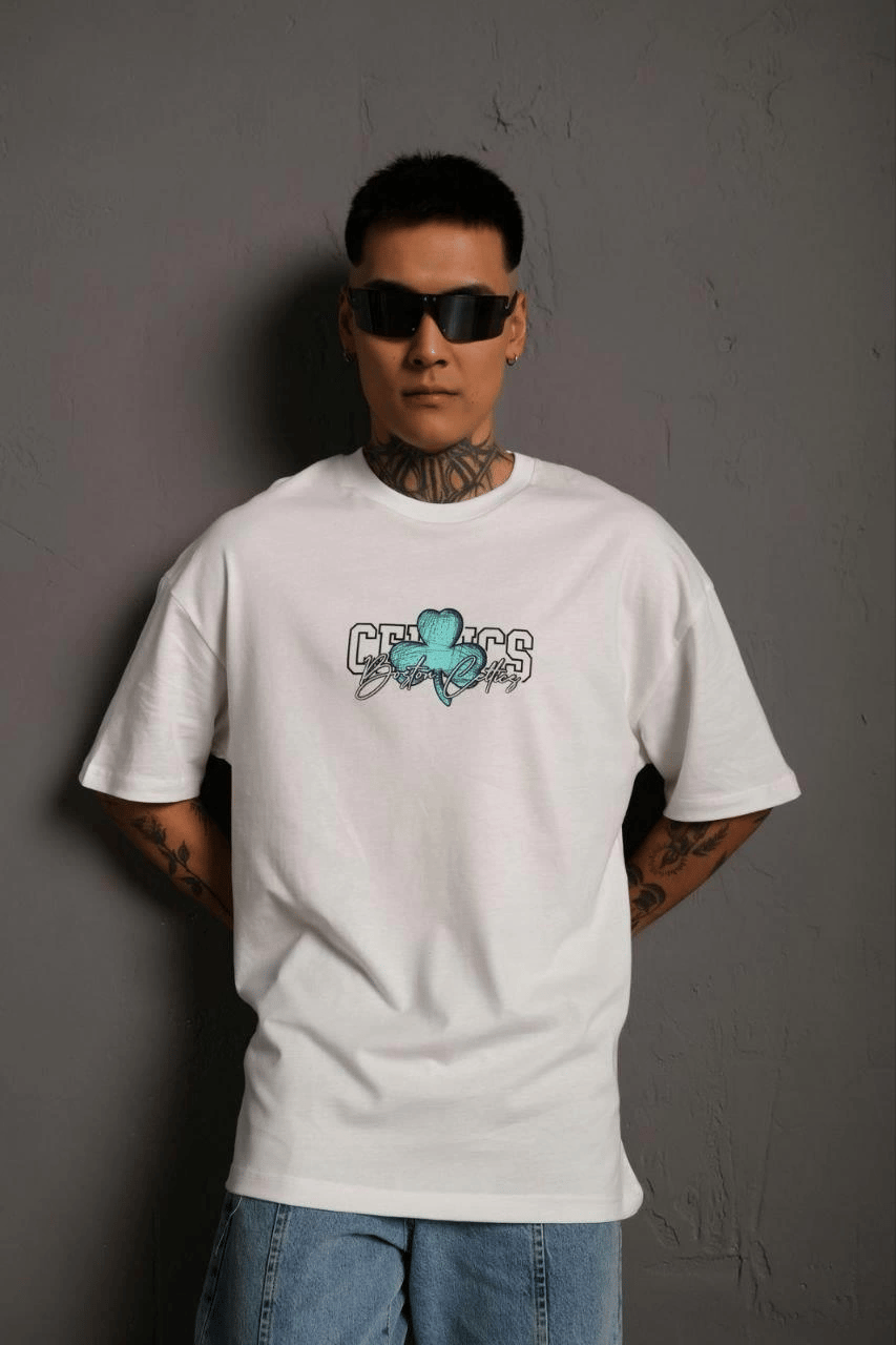 Erkek Kısa Kol Yazlık Tişört Bisiklet Yaka Baskılı Oversize T-Shirt - Beyaz