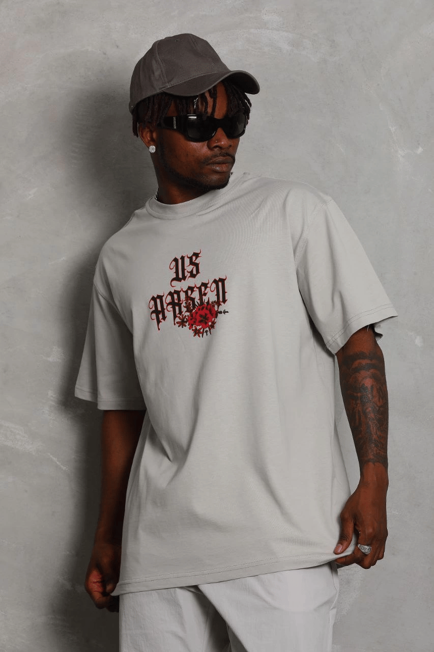 Erkek Kısa Kol Yazlık Tişört Bisiklet Yaka Baskılı Oversize T-Shirt - Gri