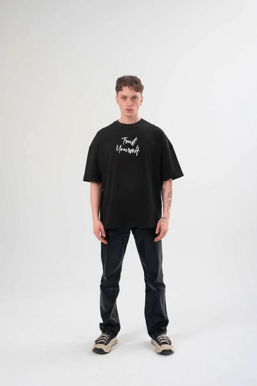 Erkek Kısa Kol Yazlık Tişört Bisiklet Yaka Baskılı Oversize T-Shirt - Siyah