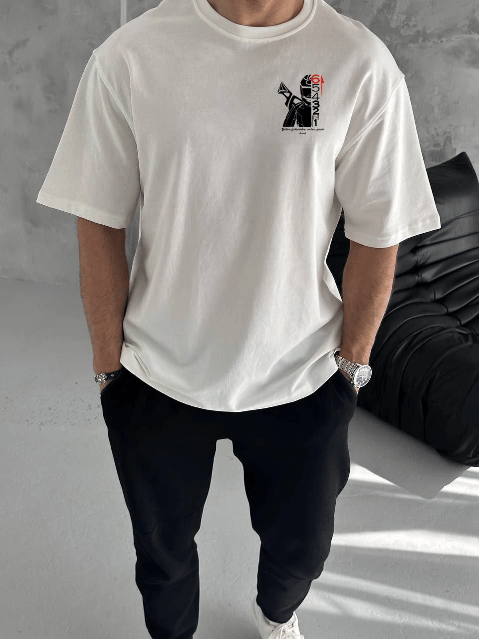 Erkek Kısa Kol Yazlık Tişört Bisiklet Yaka Baskılı Oversize T-Shirt - Beyaz
