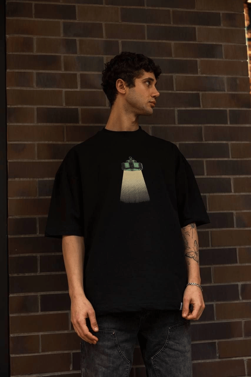 Erkek Kısa Kol Yazlık Tişört Bisiklet Yaka Baskılı Oversize T-Shirt - Siyah