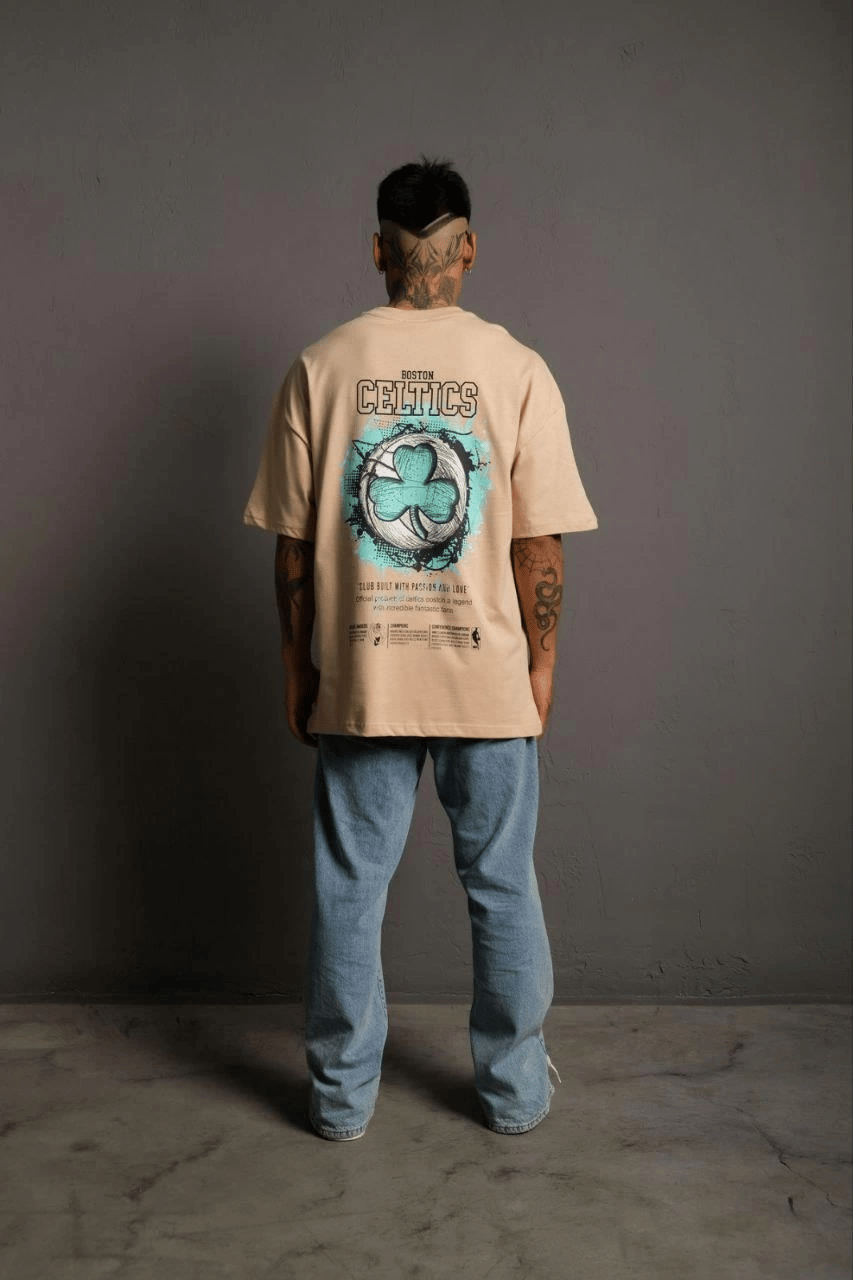 Erkek Kısa Kol Yazlık Tişört Bisiklet Yaka Baskılı Oversize T-Shirt - Bej