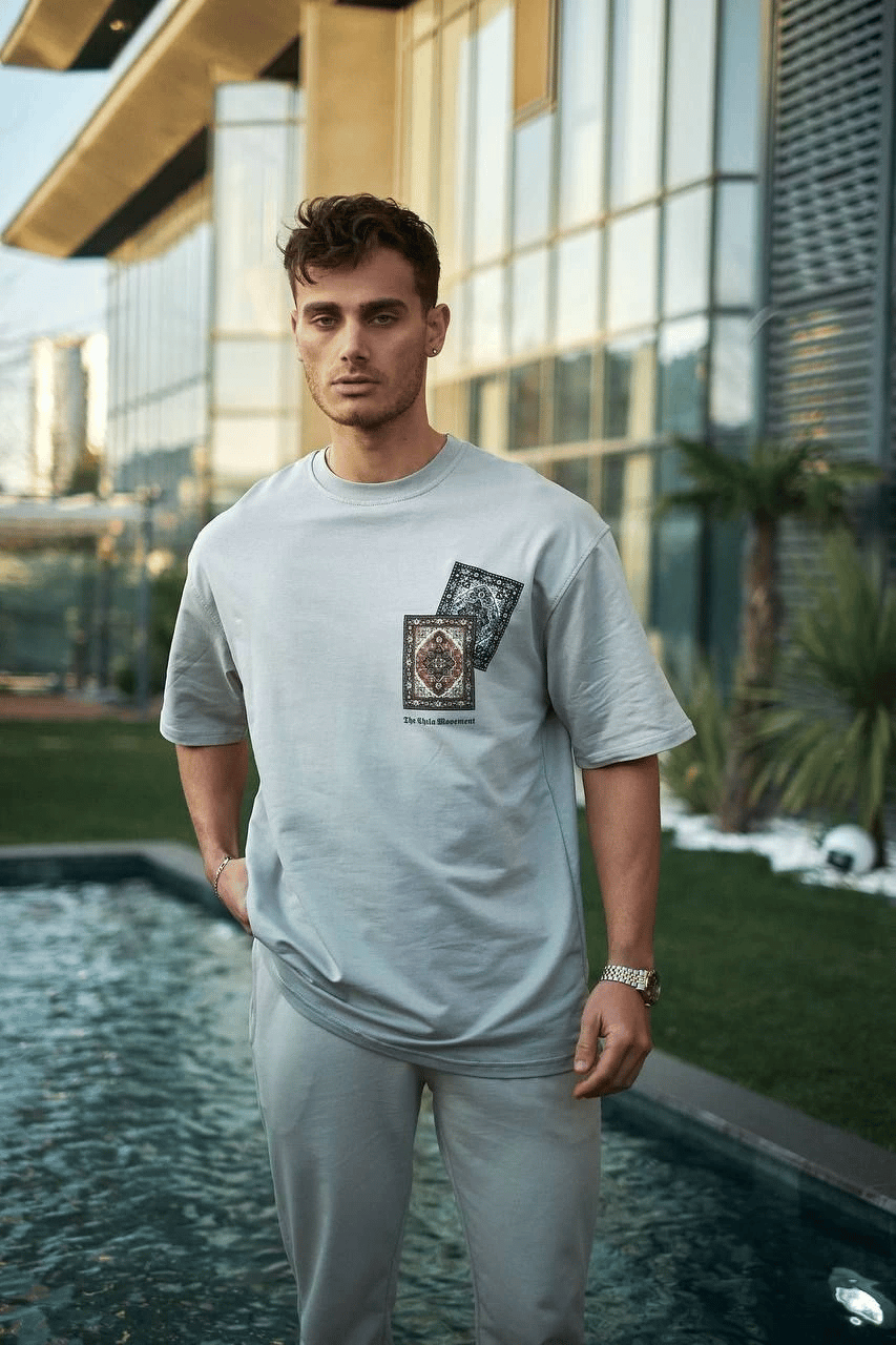 Erkek Kısa Kol Yazlık Tişört Bisiklet Yaka Baskılı Oversize T-Shirt - Boyalı Gri
