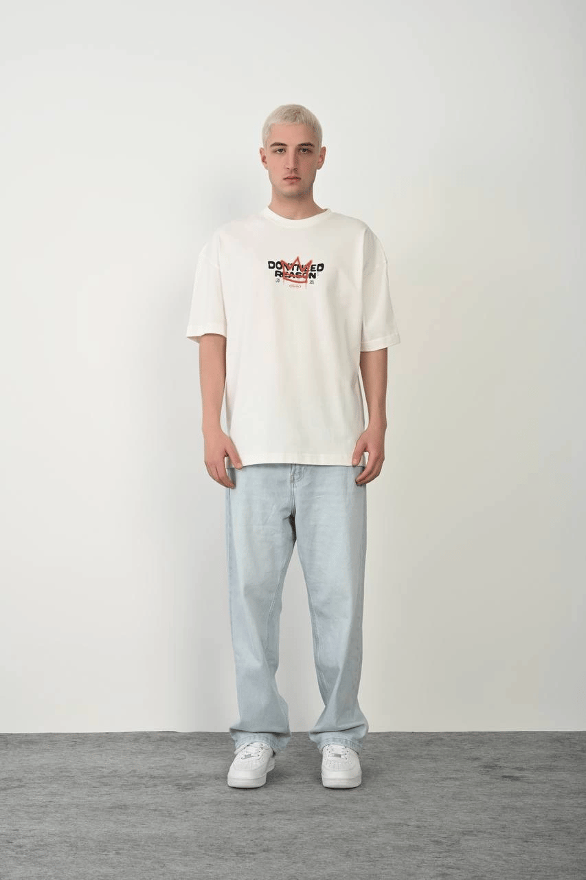 Erkek Kısa Kol Yazlık Tişört Bisiklet Yaka Baskılı Oversize T-Shirt - Beyaz