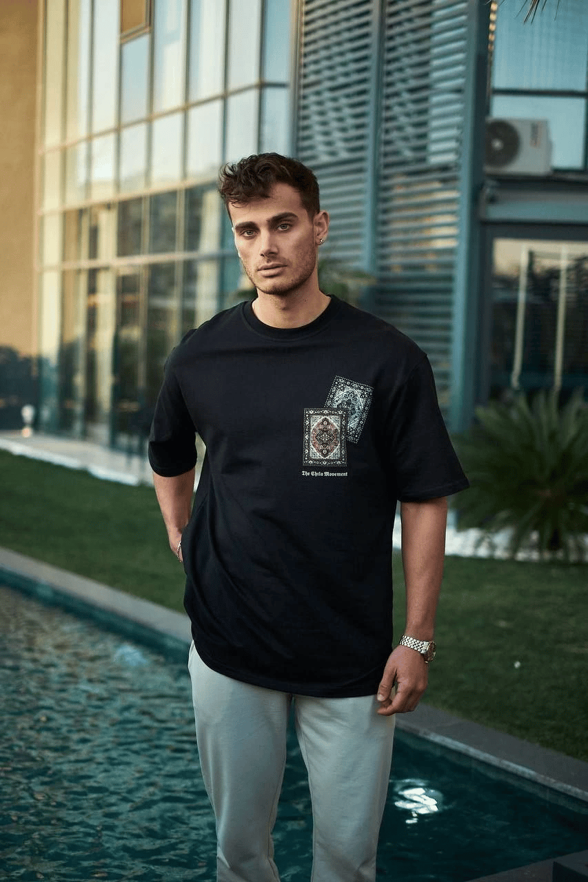 Erkek Kısa Kol Yazlık Tişört Bisiklet Yaka Baskılı Oversize T-Shirt - Siyah