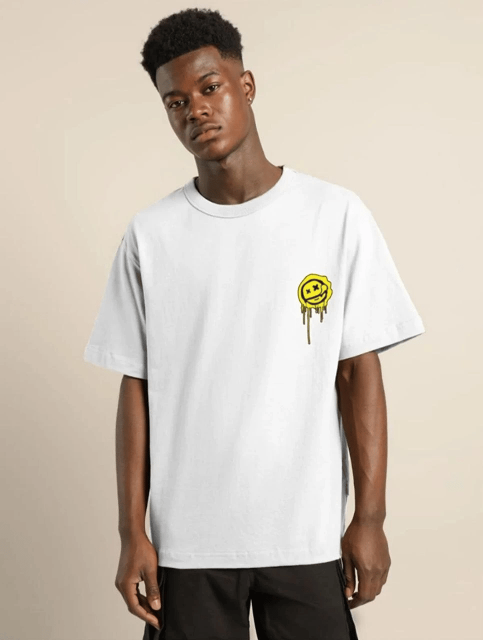 Erkek Kısa Kol Yazlık Tişört Bisiklet Yaka Baskılı Oversize T-Shirt - Beyaz