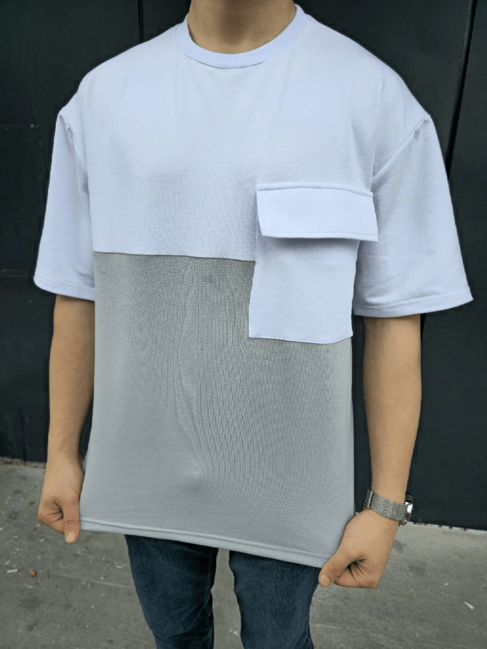 Erkek Kısa Kol Yazlık Tişört Torba Cepli Parçalı T-Shirt - Gri