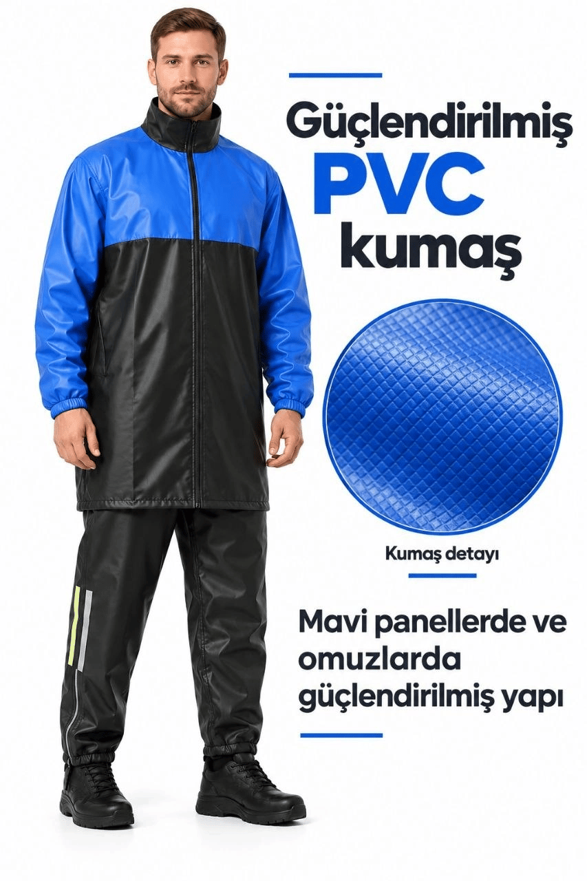 Erkek Mavi Siyah Su Geçirmez Reflektörlü Motorcu Yağmurluk Takımı Uzun Ceket Fermuarlı Paça