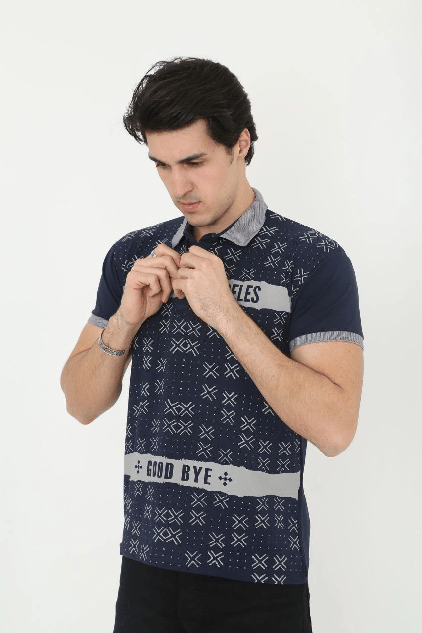 Erkek Polo Yaka  tişört Slim Fit Baskılı Kısa kol T-Shirt - Lacivert