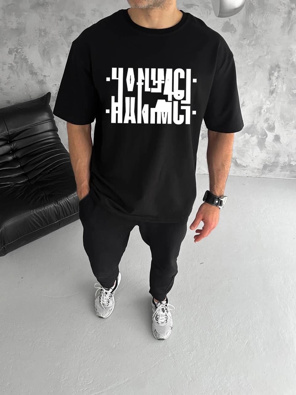 Erkek Tişört Kısa Kol Bisiklet Yaka Katlanan HANIMCI Baskılı T-Shirt - Siyah