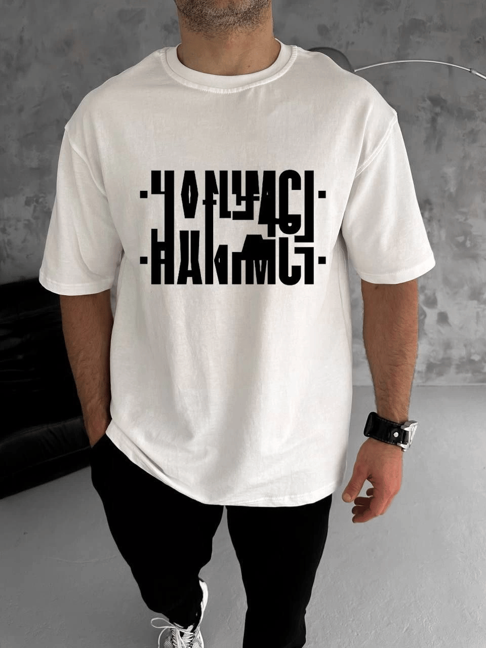 Erkek Tişört Kısa Kol Bisiklet Yaka Katlanan HANIMCI Baskılı T-Shirt - Beyaz