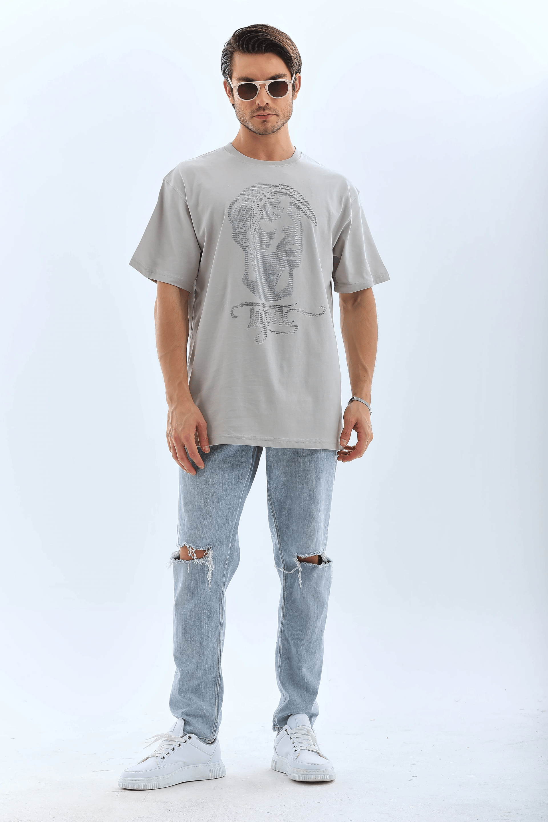 ERKEK Tişört TAŞ Detaylı Bisiklet Yaka  Kısa kol T-Shirt - Gri