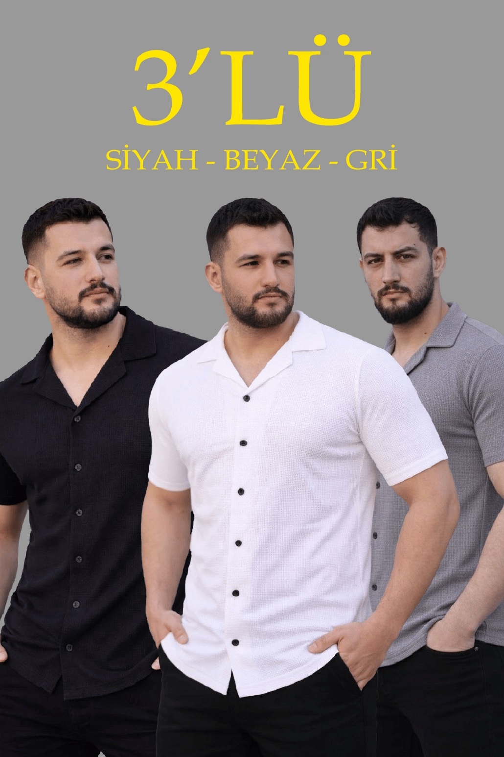 Erkek Waffle Kumaş Yazlık Yakalı Kısa Kol Düğmeli Gömlek 3’lü Set Siyah-Beyaz-Gri