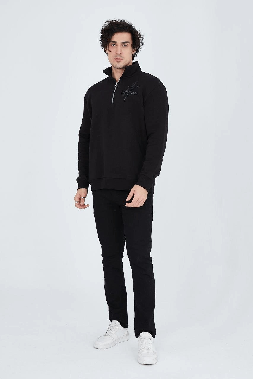 Erkek Yarım Fermuarlı Baskılı 3  iplik pamuklu sweatshirt - Siyah