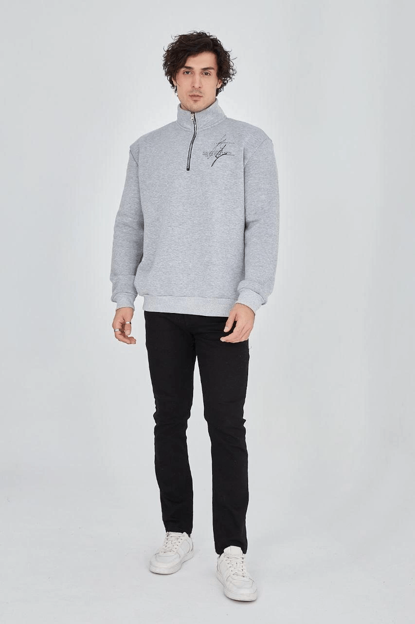 Erkek Yarım Fermuarlı Baskılı 3 iplik pamuklu sweatshirt - Gri